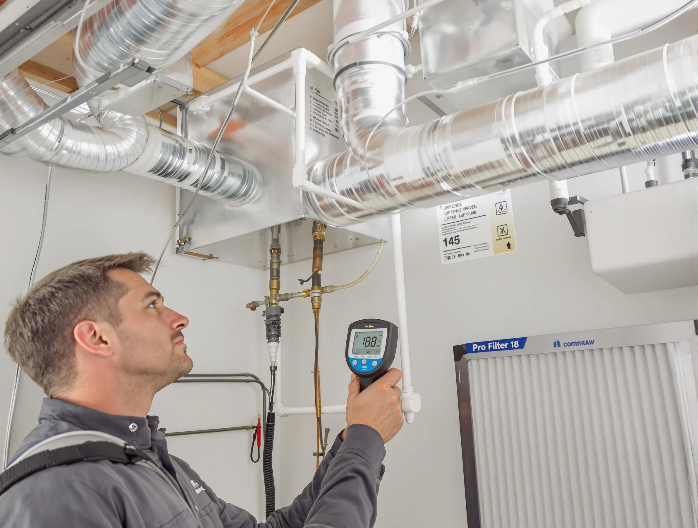 Midwest City Air Duct Cleaning expert conducting detailed filter system inspection using diagnostic tools in Midwest City